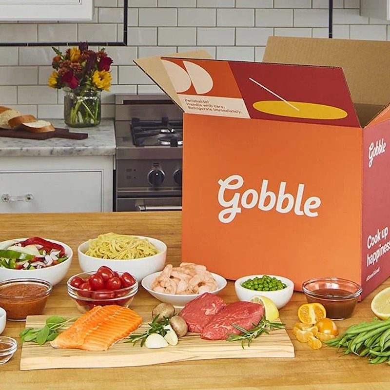 Gobble Meal Kit with ingredients spread out on kitchen counter