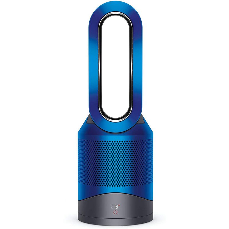 A blue Dyson Pure Hot + Cool HP02 on plain background.