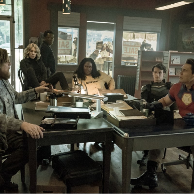 From left to right, Peacemaker's oddball gang: Economos (Steve Agee), Harcourt (Jennifer Holland), Murn (Chukwudi Iwuji), Adebayo (Danielle Brooks, Vigilante (Freddie Stroma), and Peacemaker (John Cena).