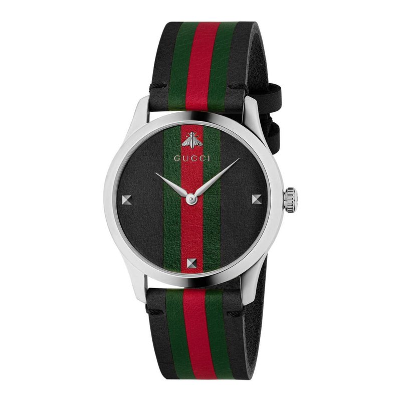 A Gucci G-Timeless Leather Strap Watch on white background.