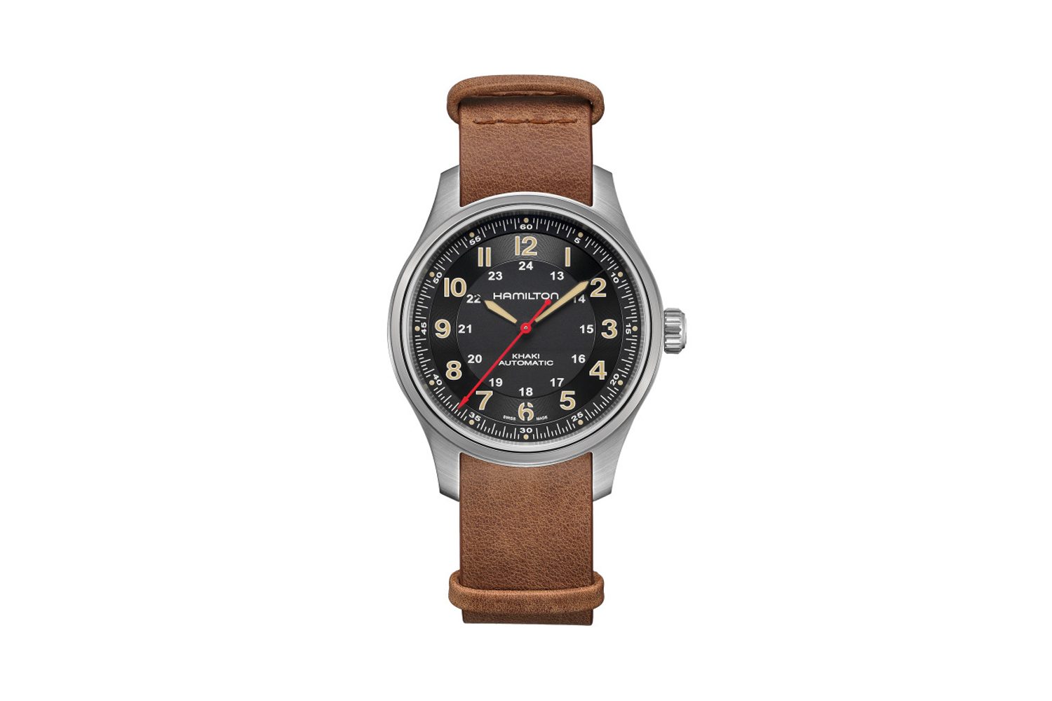 A Hamilton Khaki Field Titanium on white background.
