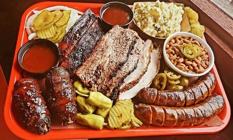Hutchins BBQ Red Platter, brisket, sausage, potato salad.