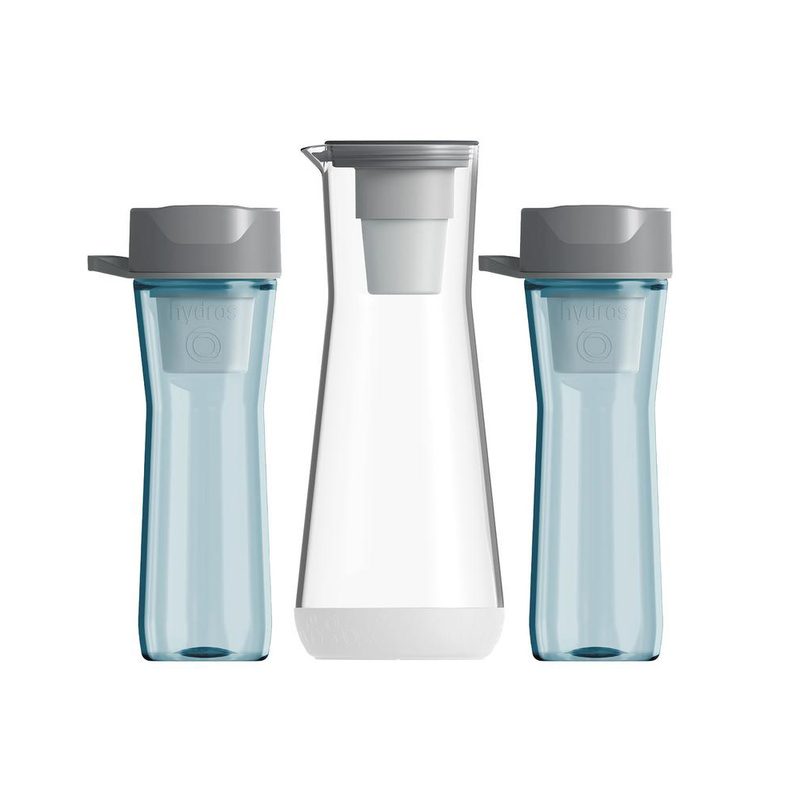A Hydros slim pitcher between two Hydros bottles.