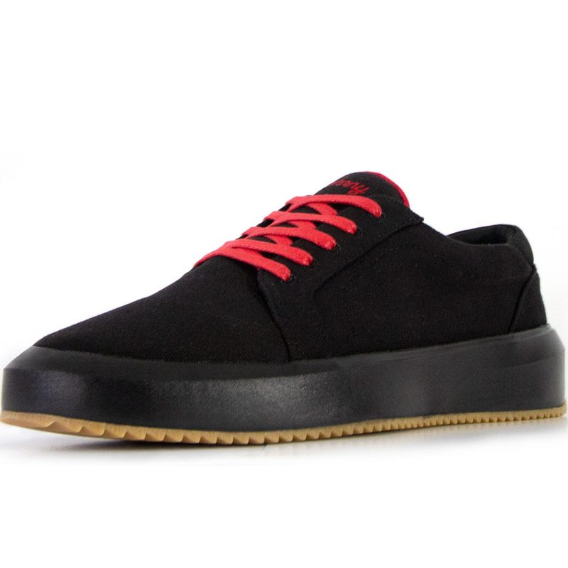 Black Johnny Biodegradable Shoe/Apple Tree with red shoe laces.