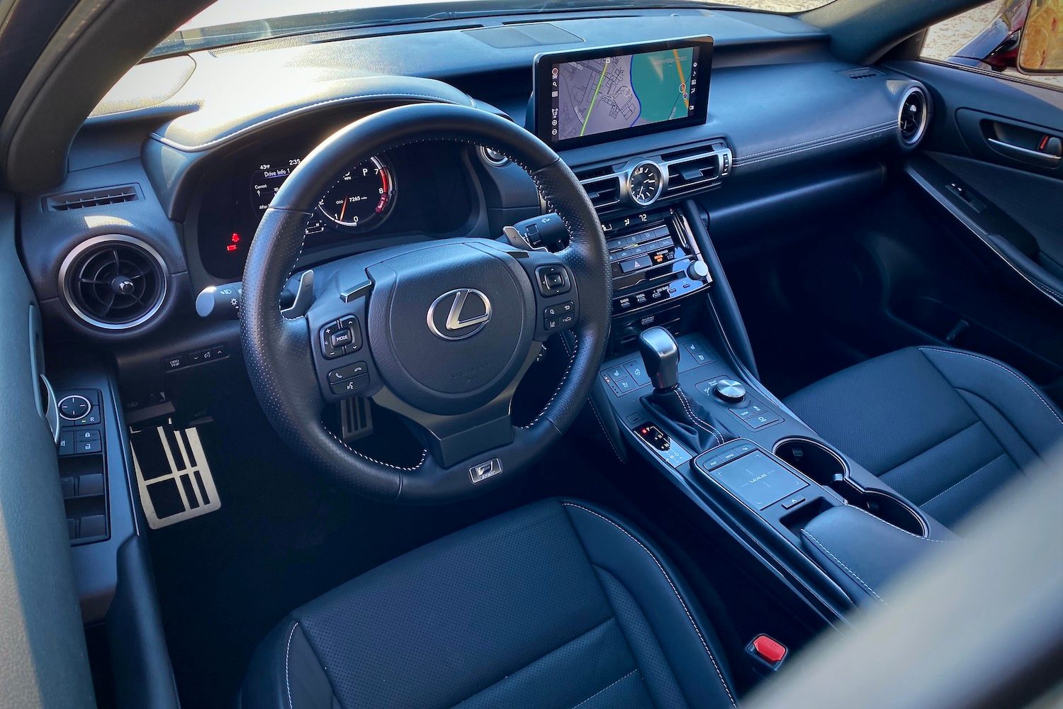 Lexus IS 500 dashboard from driver's seat from above.
