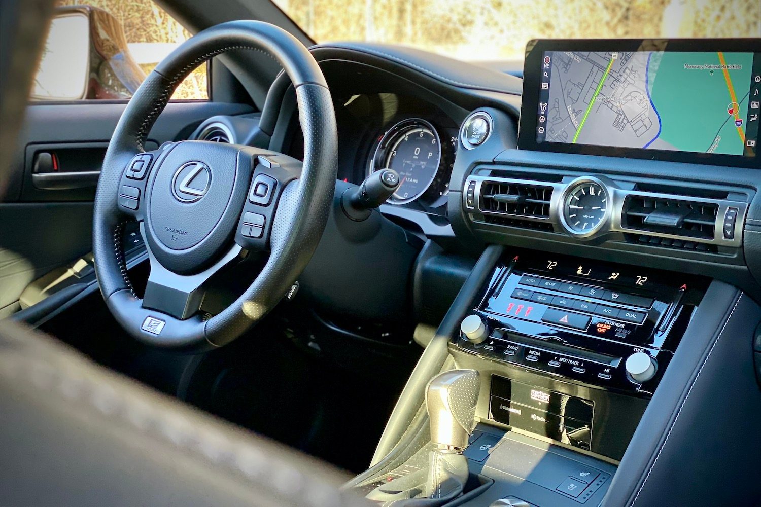 Lexus IS 500 close up of center console from passenger's side.