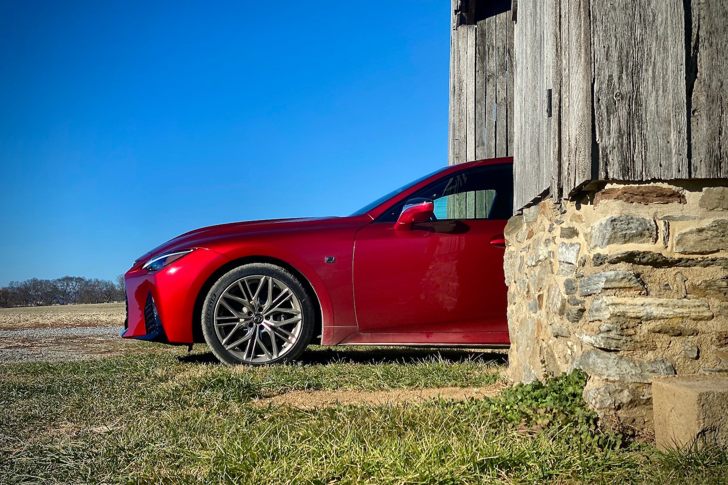 Side profile of front end of Lexus IS 500 from driver's side.