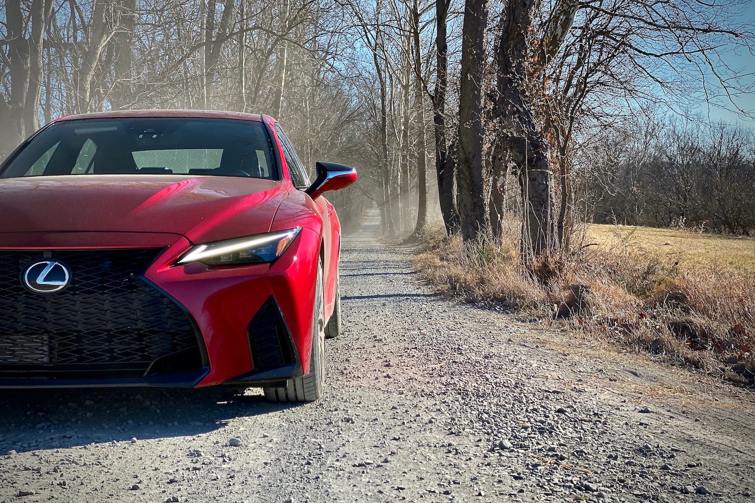 Lexus IS 500 close up of front end from driver's side on a gravel road.