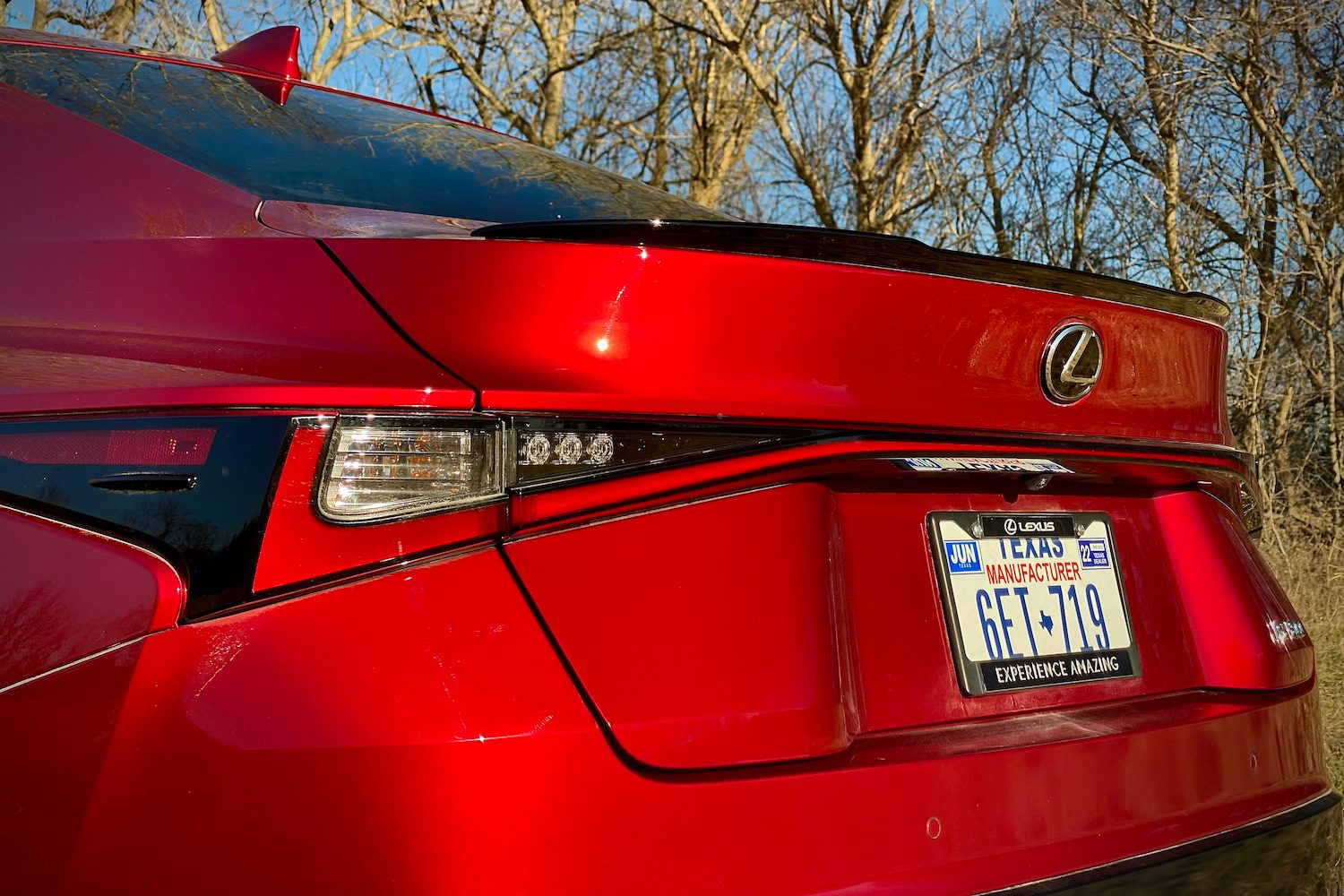 Lexus IS 500 rear taillight close up in front of trees.