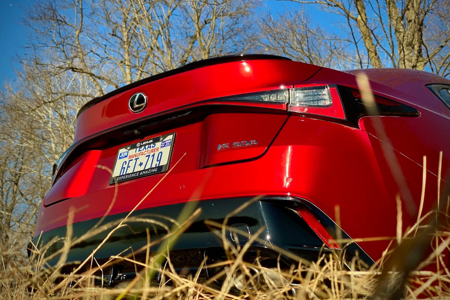 Lexus IS 500 close up of rear end from passenger's side in front of tall grass.