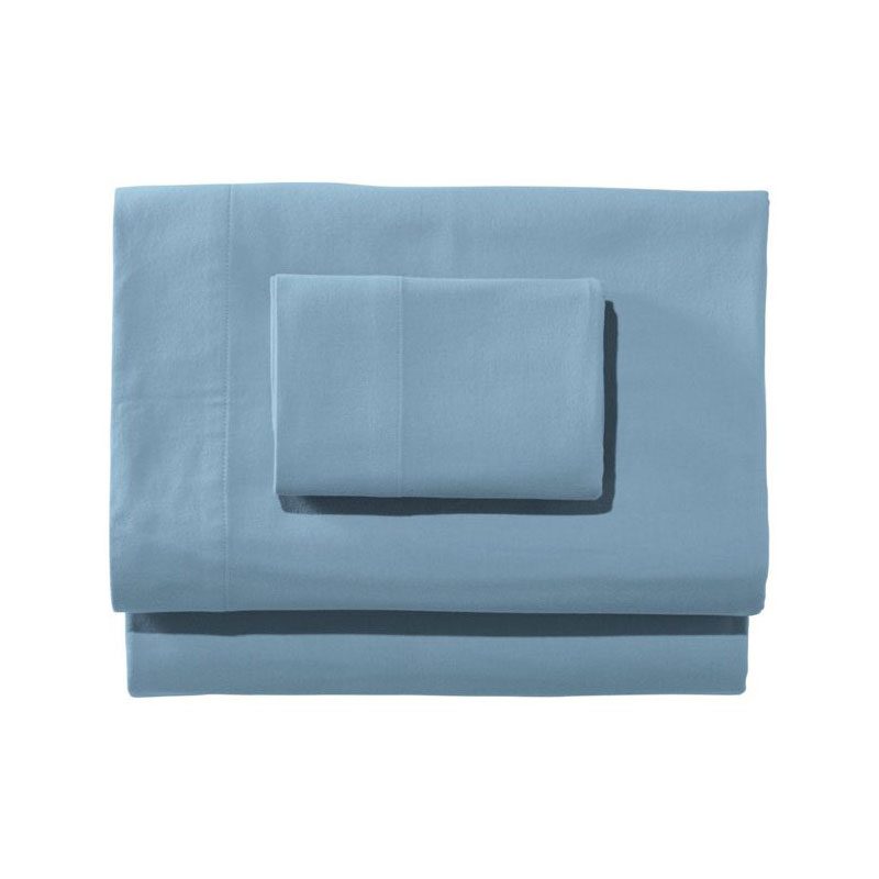 A blue L.L. Bean Flannel Sheet Set on white background.