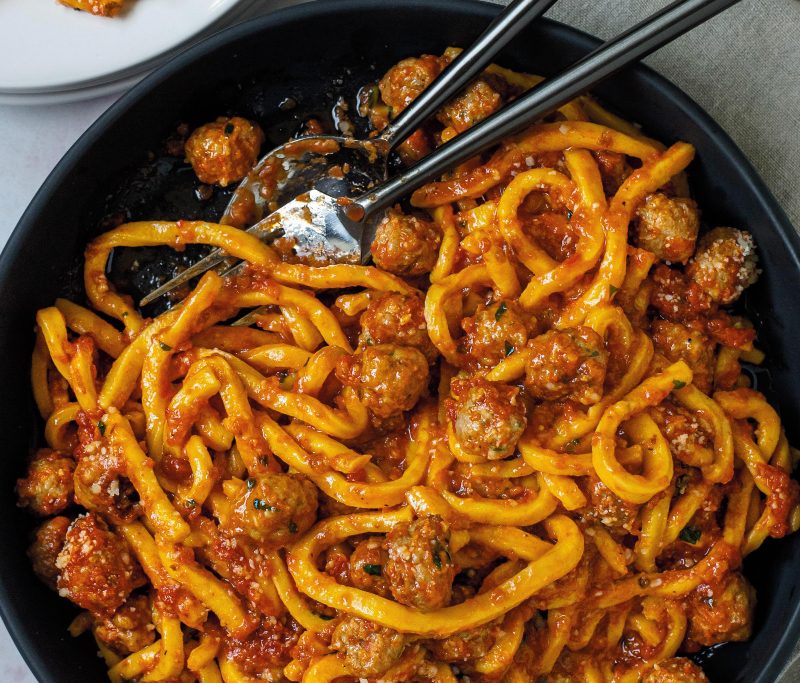 Chef Scott Conant Maccheroni with Polpettine in a white bowl.