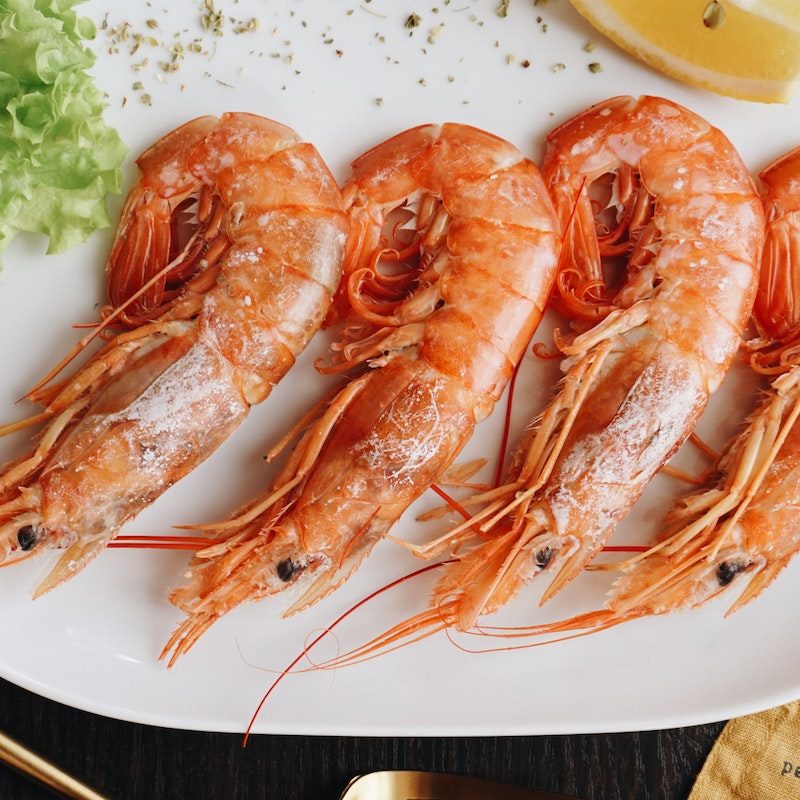 Prawns on a white plate