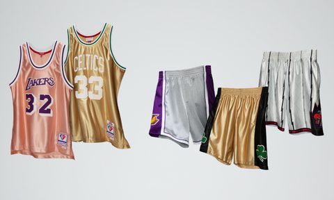 Mitchell & Ness's 75th NBA Anniversary Season release includes these silver, platinum, gold, and rose shorts and tank tops from iconic NBA players and teams.