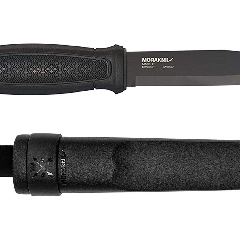 Morakniv Garberg Full Tang Fixed Blade Knife and sheath on a white background.