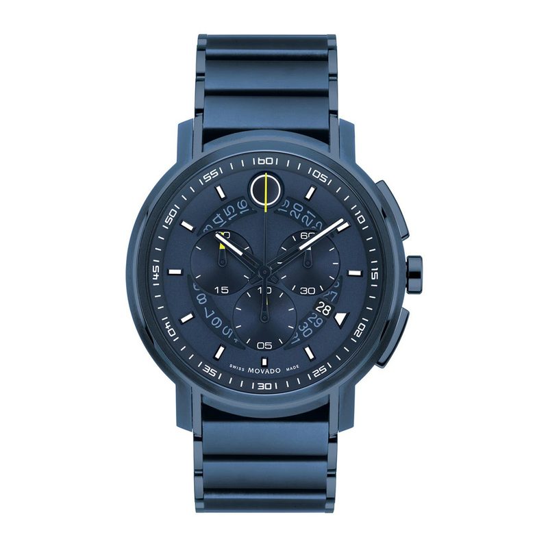 A blue Movado Strato Chronograph on white background.