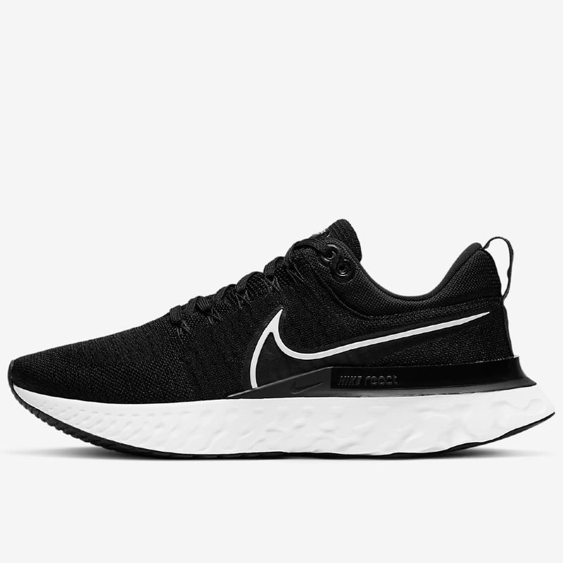 a black and while Nike React Infinity Run Flyknit 2 shoe.
