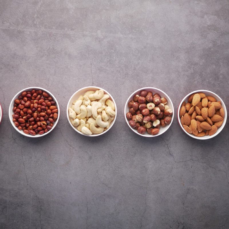 Assorted nuts lined up