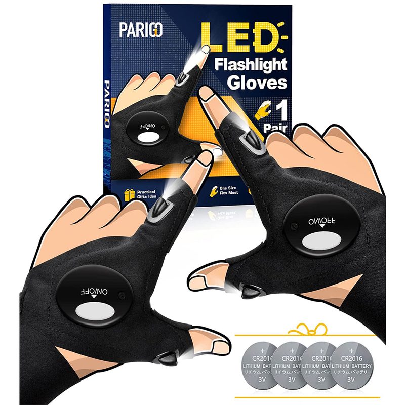 An illustration of a pair of hands with the Parigo LED Flashlight Gloves.