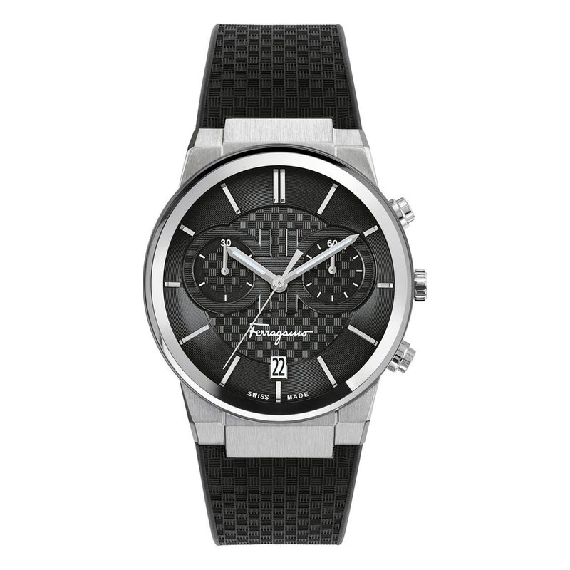 A black Salvatore Ferragamo Sapphire Chronograph on plain background.