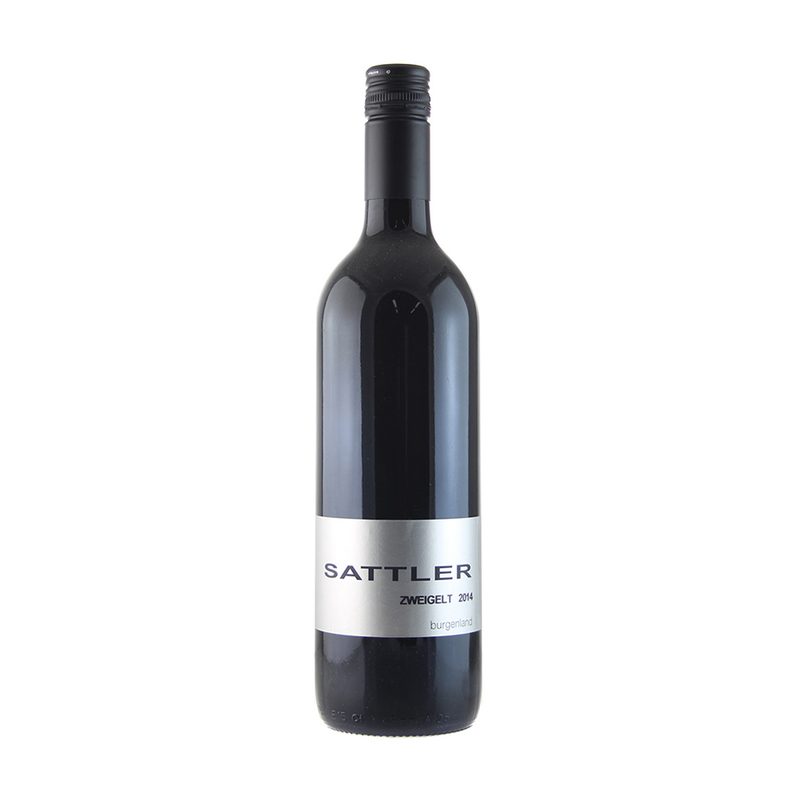 An unopened bottle of Sattler Zweigelt on plain background.