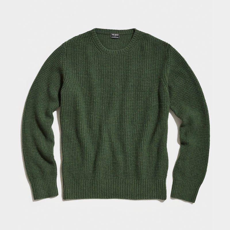 A green cashmere crewneck from Todd Snyder.