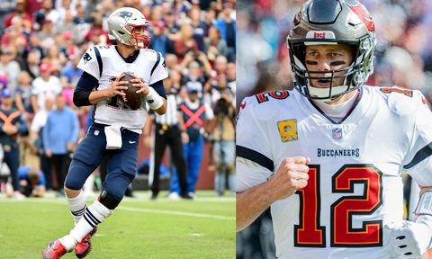 Tom Brady playing for the Patriots (left) and the Tampa Bay Bucs (right), whom he signed with in 2020.