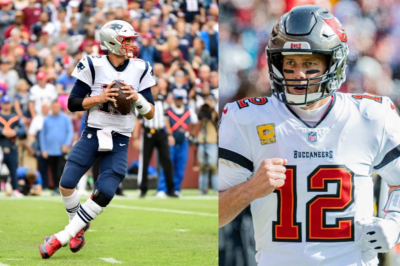 Tom Brady playing for the Patriots (left) and the Tampa Bay Bucs (right), whom he signed with in 2020.