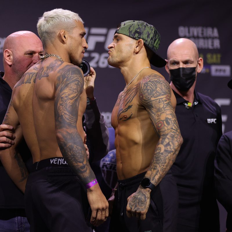 Charles Oliveira and Dustin Poirier at the UFC 269 weigh-in press event.