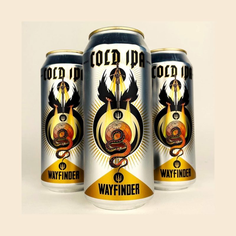 Wayfinder Cold IPA cans on ice.