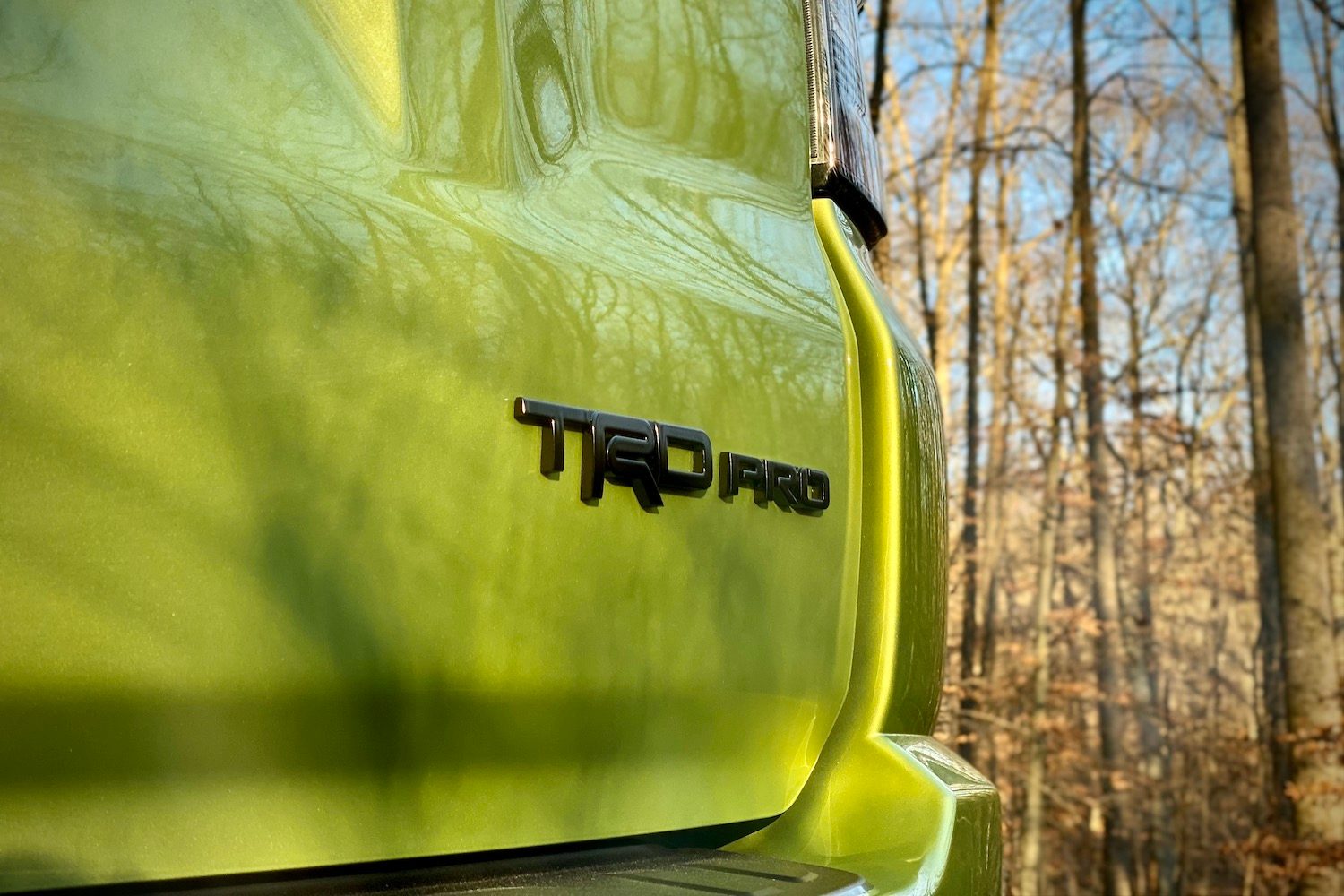 Rear liftgate badge on Toyota 4Runner TRD Pro in front of trees.