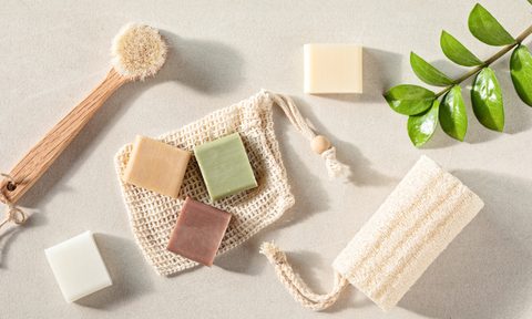 Environment-friendly grooming and bath products beside a plant on a surface.