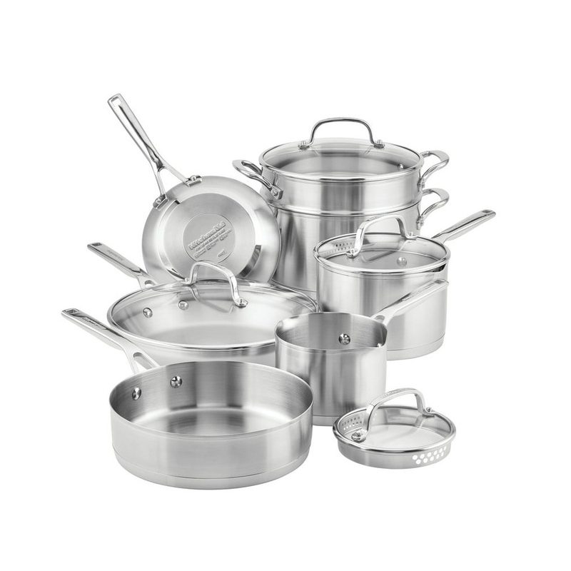KitchenAid 3-Ply Base Stainless Steel 11-Piece Cookware Set.