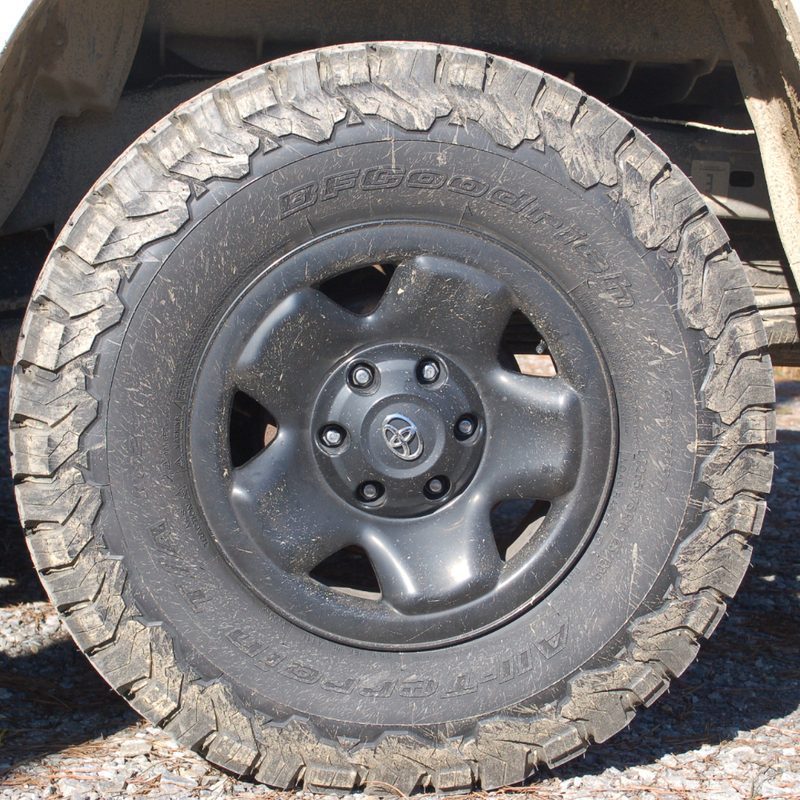 A front view of a dusty BFGoodrich All-Terrain Tire.