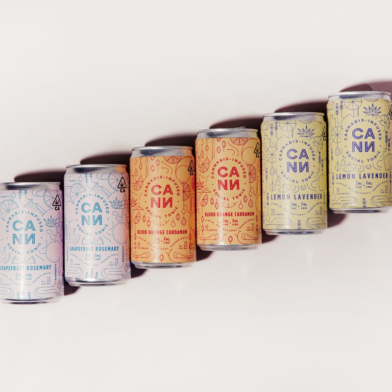 A line of six cans of Cann cocktails with blank background.