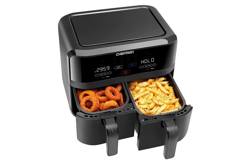 Chefman TurboFry Touch Dual Air Fryer with fries and chicken.