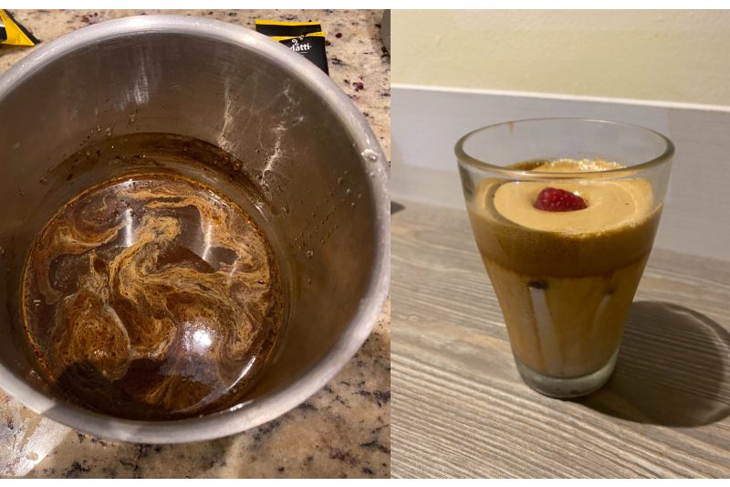 Dalgona coffee before and after image.