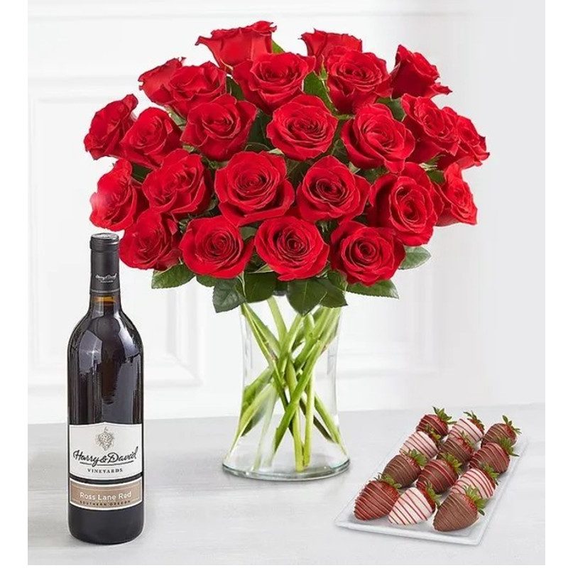 Harry and Davids Deliciously Decadent Red Roses, Strawberries, and Wine.