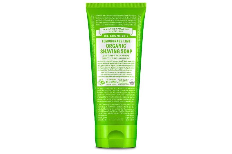 A green tube of Dr. Bronner's Organic Shaving Soap.