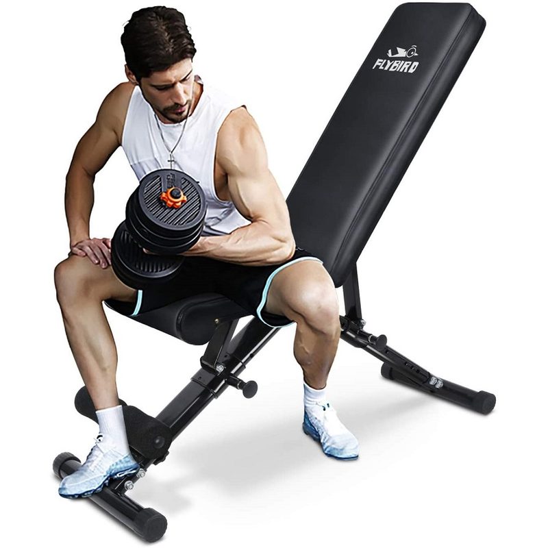 A man lifting weights while sitting on the Flybird weight bench.
