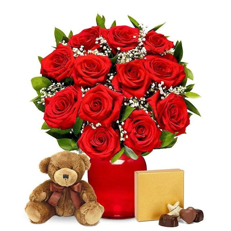 From You Flowers One Dozen Long Stem Red Roses w/ Chocolates & Bear.