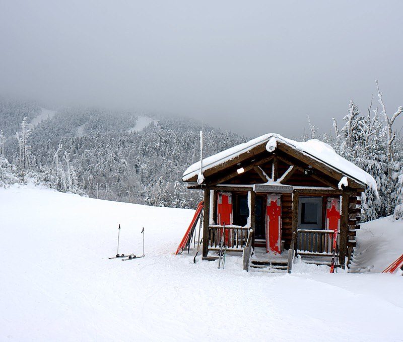 Exterior of a cabin in the snow