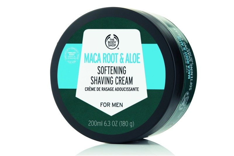 A pot of The Body Shop Maca Root & Aloe Softening Shaving Cream displayed on white background.