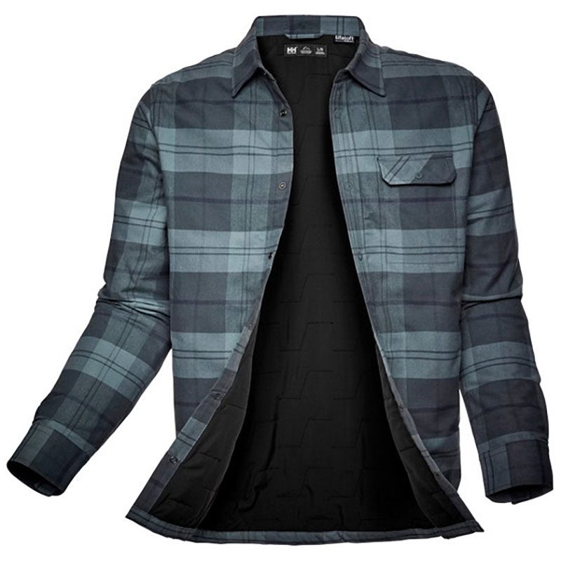 Helly Hansen Lifaloft Insulated Flannel Shirt Jacket in Storm Plaid on a white background.