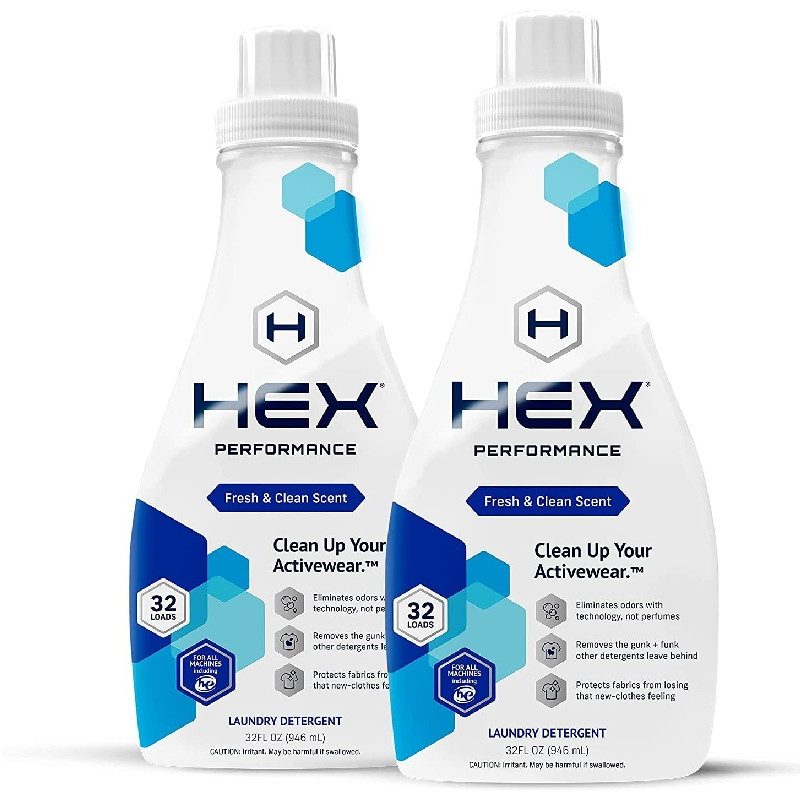 Two bottles of HEX Performance Laundry Detergent.