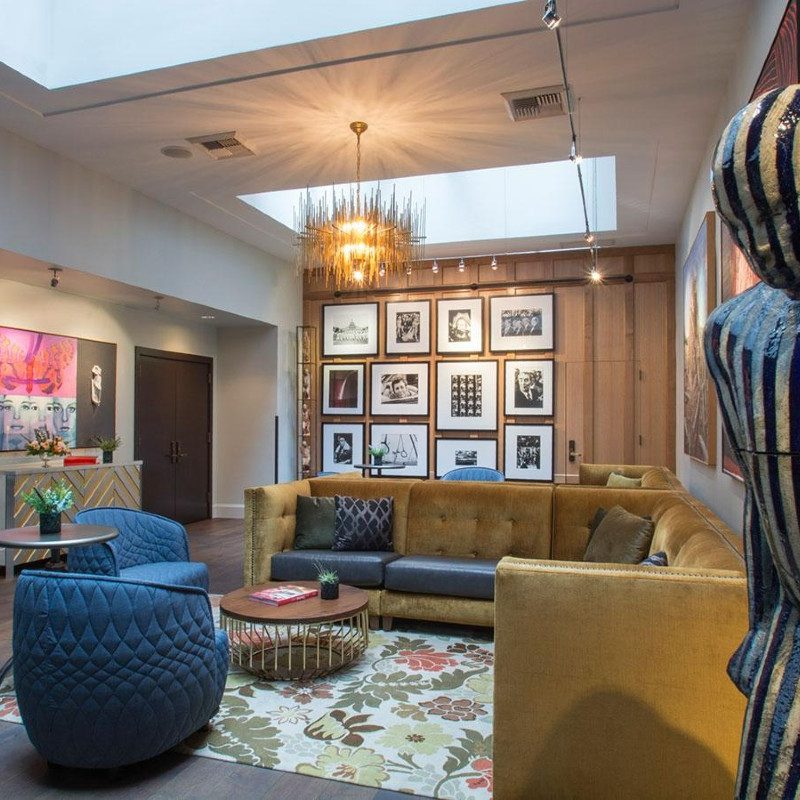 The artsy lobby of the Hotel Lucia.