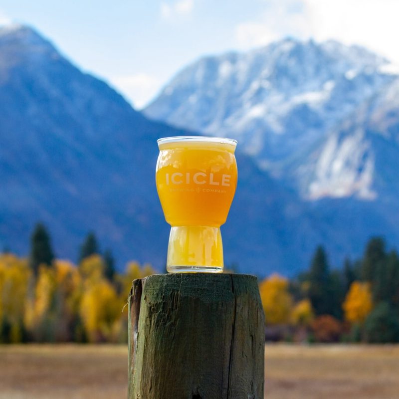 Icicle Brewing Company pint among mountains.