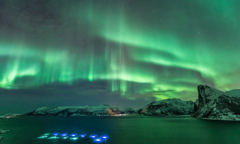 Kvarøy Arctic Farm in Norway under the northern lights.