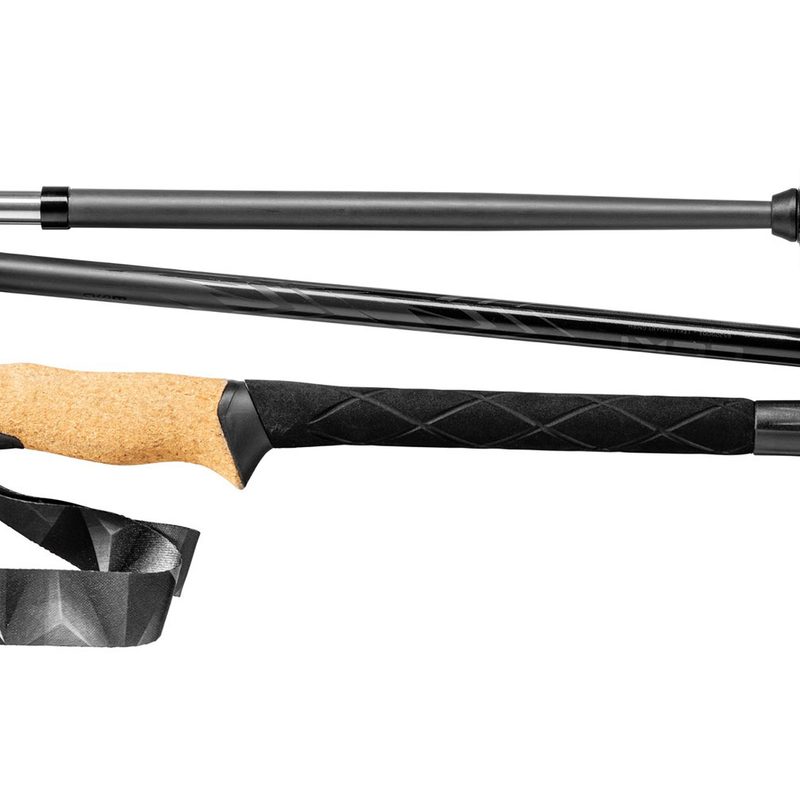 Leki Black Series FX Carbon Trekking Poles collapsed down on a white background.