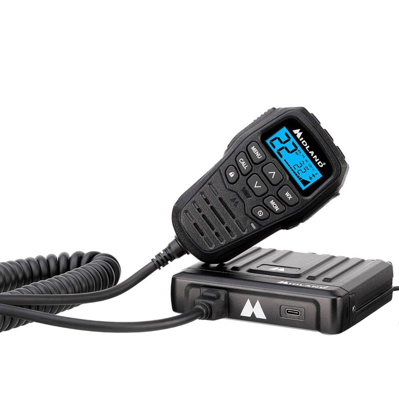 Midland MXT275 MicroMobile Two-Way Radio on a white studio background.